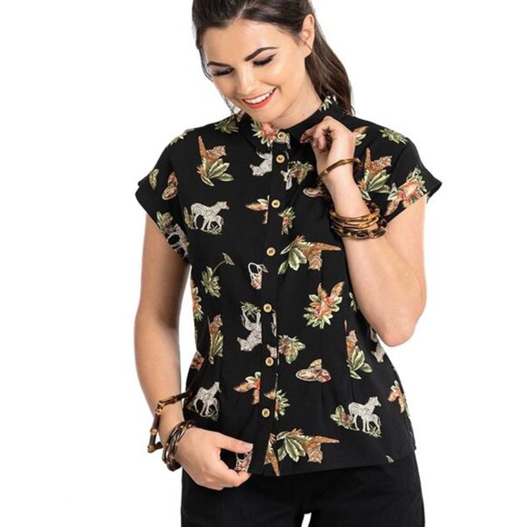 X-Small NWT Hell Bunny Messina Tropical Jungle Tiger Zebra Animal Shirt … - Picture 2 of 8